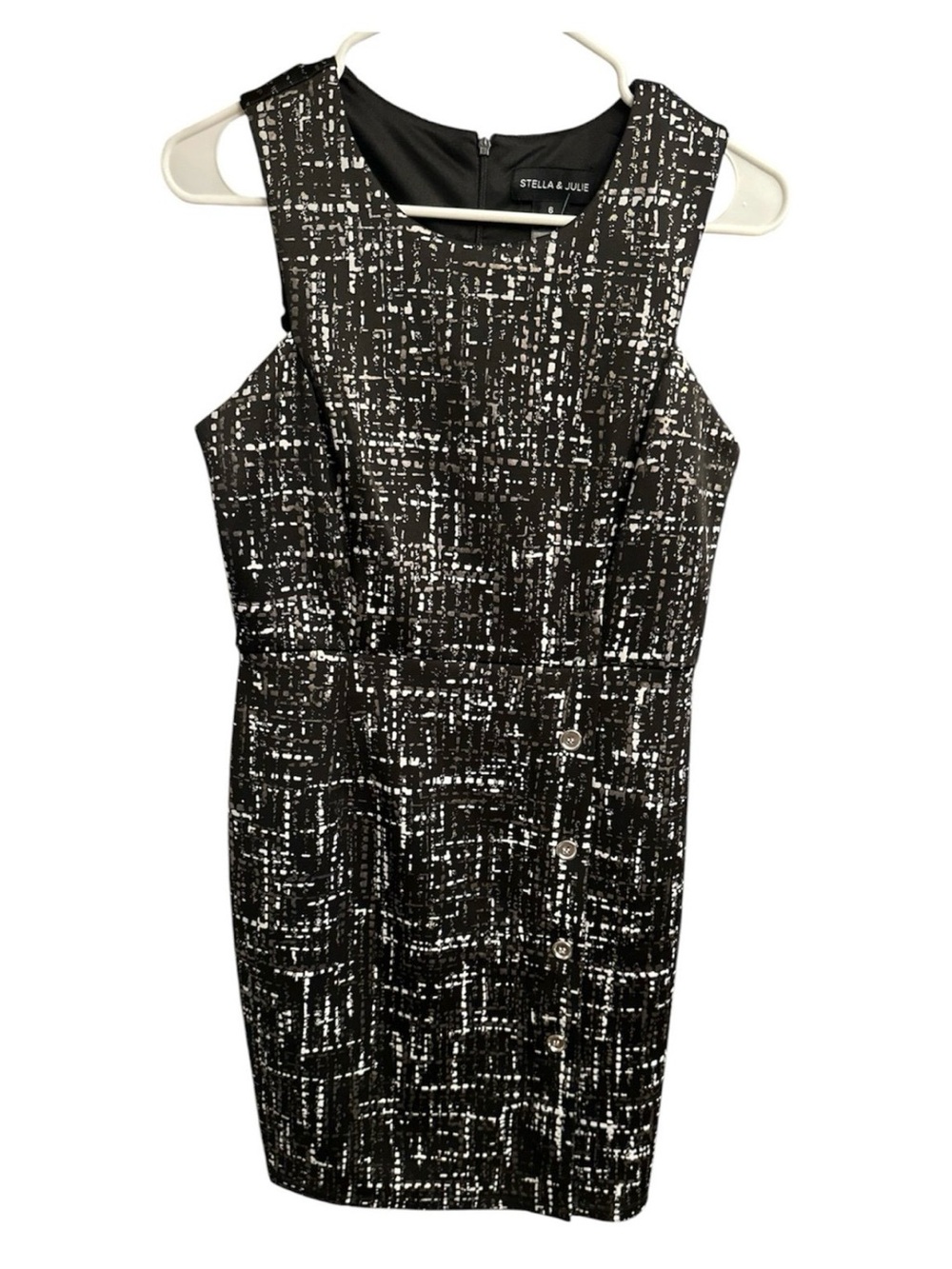 NWT Stella & Julie Black White Abstract Knit Sheath Dress Sleeveless Zip Slit 6 - Picture 2 of 10